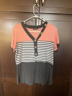 HEIMISH USA Coral, Black & White Striped V-Neck Button Tee
